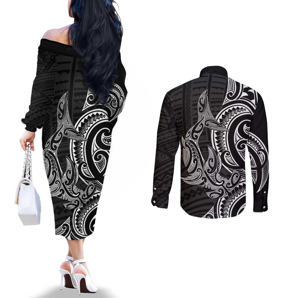 New Zealand Hammerhead Shark Couples Matching Off The Shoulder Long Sleeve Dress and Long Sleeve Button Shirt Maori Haehae Mangopare Black - Aussie Hoodie