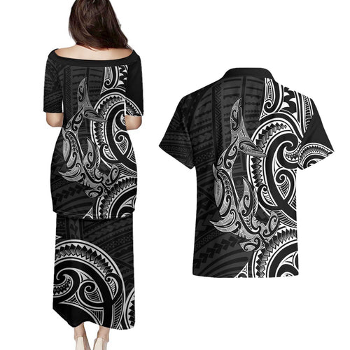 New Zealand Hammerhead Shark Couples Matching Puletasi and Hawaiian Shirt Maori Haehae Mangopare Black - Aussie Hoodie