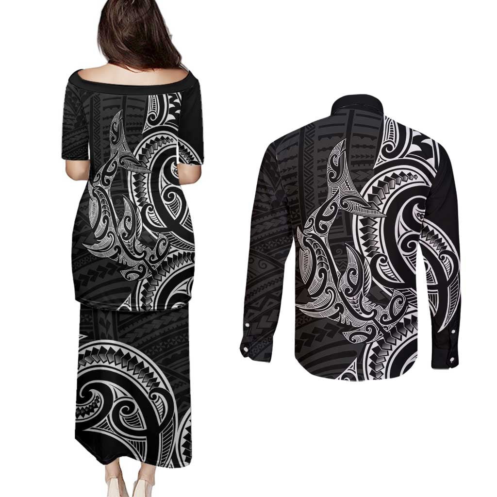 New Zealand Hammerhead Shark Couples Matching Puletasi and Long Sleeve Button Shirt Maori Haehae Mangopare Black - Aussie Hoodie