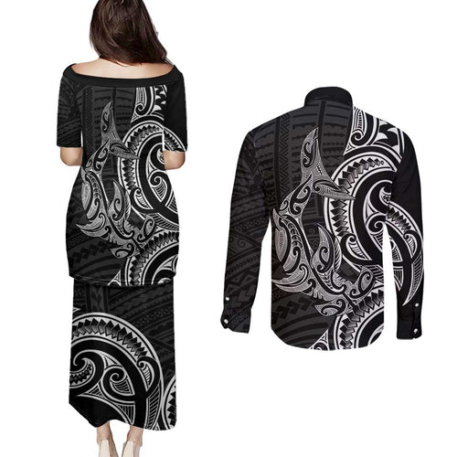 New Zealand Hammerhead Shark Couples Matching Puletasi and Long Sleeve Button Shirt Maori Haehae Mangopare Black - Aussie Hoodie