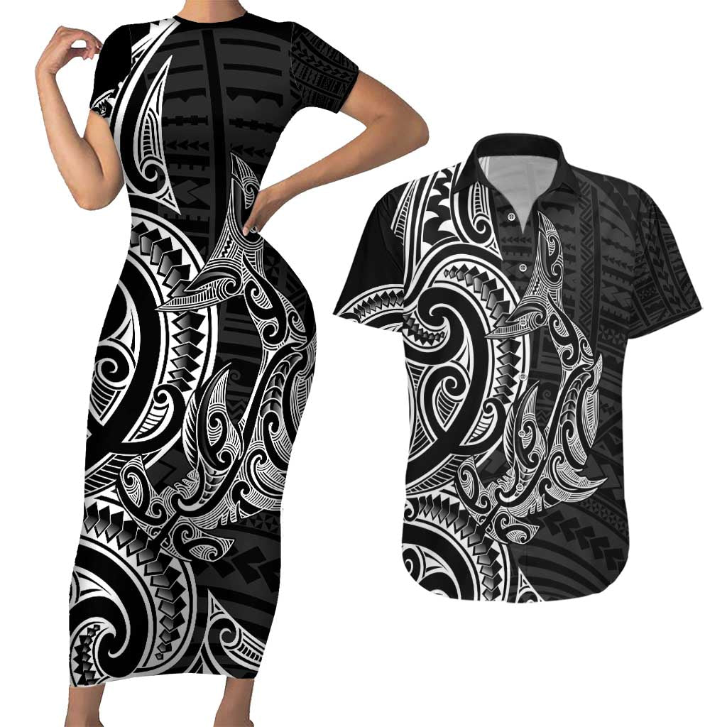 New Zealand Hammerhead Shark Couples Matching Short Sleeve Bodycon Dress and Hawaiian Shirt Maori Haehae Mangopare Black - Aussie Hoodie
