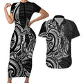 New Zealand Hammerhead Shark Couples Matching Short Sleeve Bodycon Dress and Hawaiian Shirt Maori Haehae Mangopare Black - Aussie Hoodie
