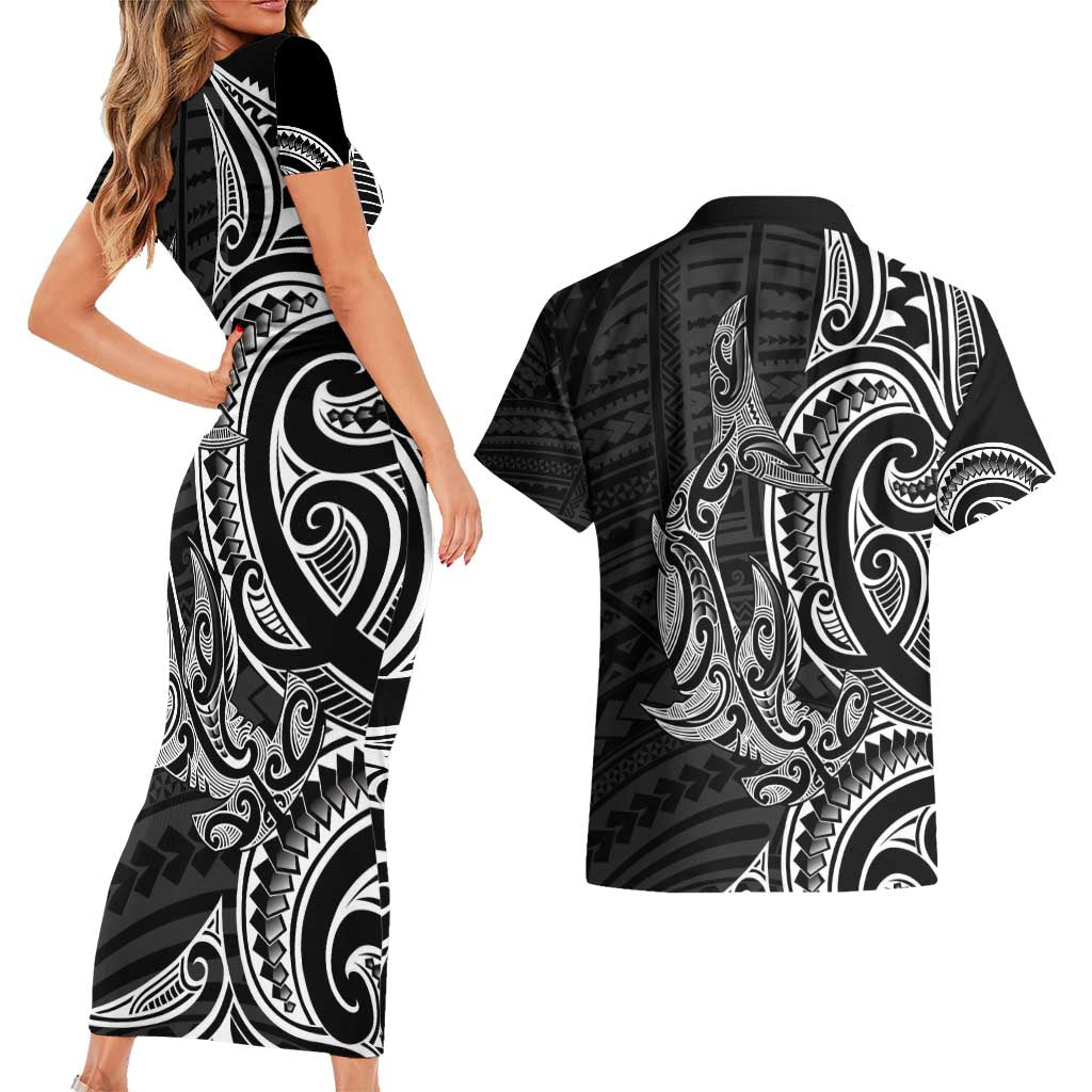 New Zealand Hammerhead Shark Couples Matching Short Sleeve Bodycon Dress and Hawaiian Shirt Maori Haehae Mangopare Black - Aussie Hoodie