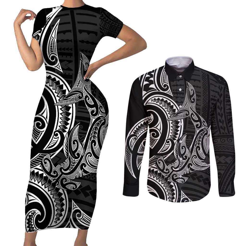 New Zealand Hammerhead Shark Couples Matching Short Sleeve Bodycon Dress and Long Sleeve Button Shirt Maori Haehae Mangopare Black - Aussie Hoodie