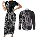 New Zealand Hammerhead Shark Couples Matching Short Sleeve Bodycon Dress and Long Sleeve Button Shirt Maori Haehae Mangopare Black - Aussie Hoodie