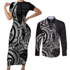 New Zealand Hammerhead Shark Couples Matching Short Sleeve Bodycon Dress and Long Sleeve Button Shirt Maori Haehae Mangopare Black - Aussie Hoodie