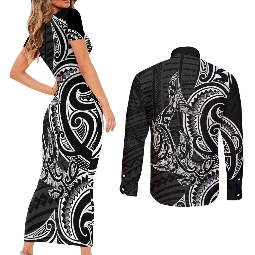 New Zealand Hammerhead Shark Couples Matching Short Sleeve Bodycon Dress and Long Sleeve Button Shirt Maori Haehae Mangopare Black - Aussie Hoodie