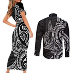 New Zealand Hammerhead Shark Couples Matching Short Sleeve Bodycon Dress and Long Sleeve Button Shirt Maori Haehae Mangopare Black - Aussie Hoodie
