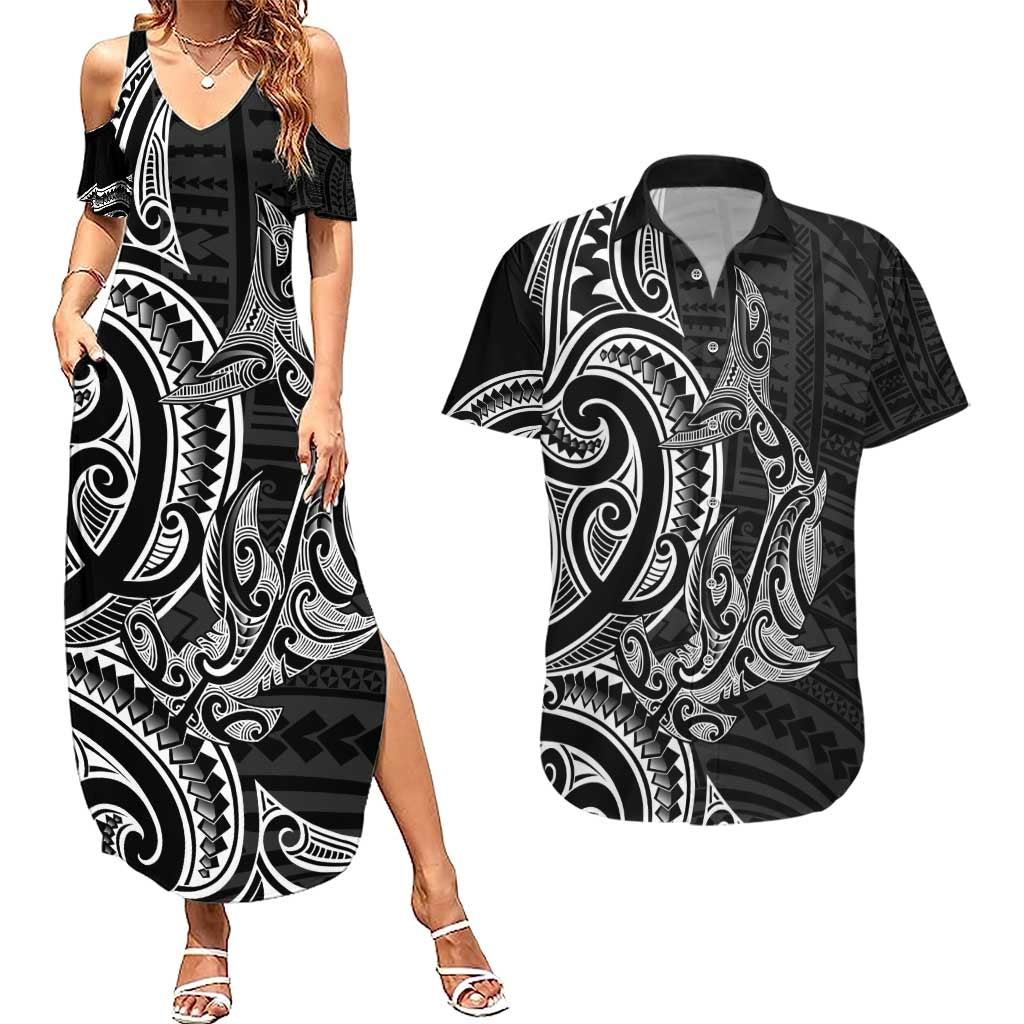 New Zealand Hammerhead Shark Couples Matching Summer Maxi Dress and Hawaiian Shirt Maori Haehae Mangopare Black - Aussie Hoodie