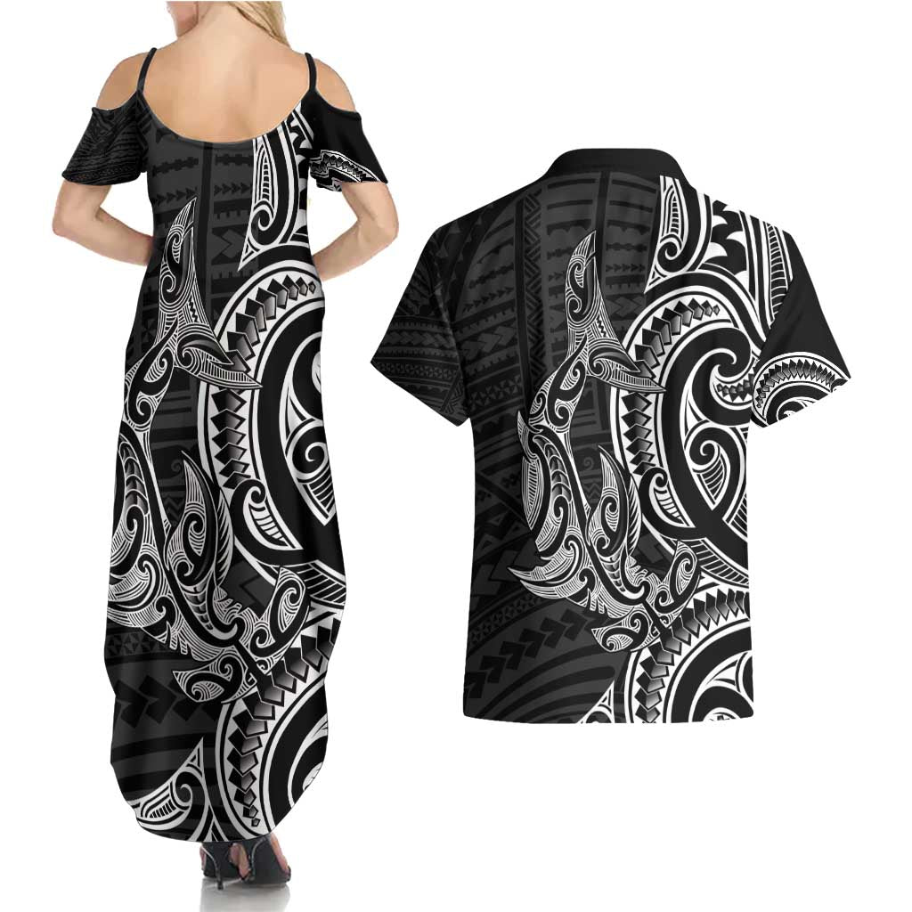 New Zealand Hammerhead Shark Couples Matching Summer Maxi Dress and Hawaiian Shirt Maori Haehae Mangopare Black - Aussie Hoodie