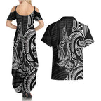 New Zealand Hammerhead Shark Couples Matching Summer Maxi Dress and Hawaiian Shirt Maori Haehae Mangopare Black - Aussie Hoodie