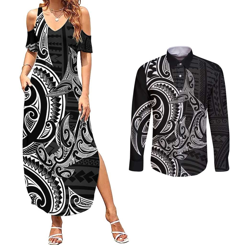 New Zealand Hammerhead Shark Couples Matching Summer Maxi Dress and Long Sleeve Button Shirt Maori Haehae Mangopare Black - Aussie Hoodie