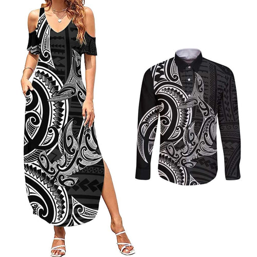 New Zealand Hammerhead Shark Couples Matching Summer Maxi Dress and Long Sleeve Button Shirt Maori Haehae Mangopare Black - Aussie Hoodie