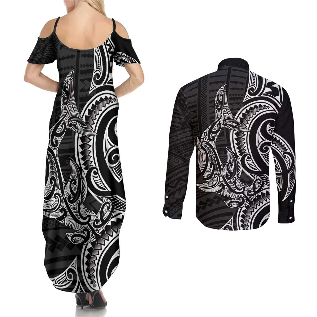 New Zealand Hammerhead Shark Couples Matching Summer Maxi Dress and Long Sleeve Button Shirt Maori Haehae Mangopare Black - Aussie Hoodie