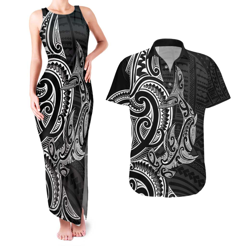 New Zealand Hammerhead Shark Couples Matching Tank Maxi Dress and Hawaiian Shirt Maori Haehae Mangopare Black - Aussie Hoodie