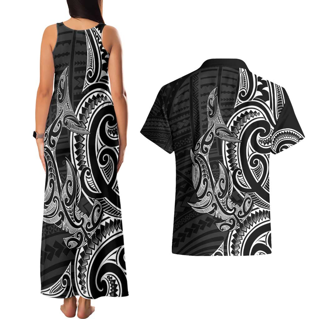 New Zealand Hammerhead Shark Couples Matching Tank Maxi Dress and Hawaiian Shirt Maori Haehae Mangopare Black - Aussie Hoodie
