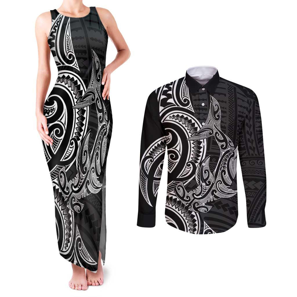 New Zealand Hammerhead Shark Couples Matching Tank Maxi Dress and Long Sleeve Button Shirt Maori Haehae Mangopare Black - Aussie Hoodie