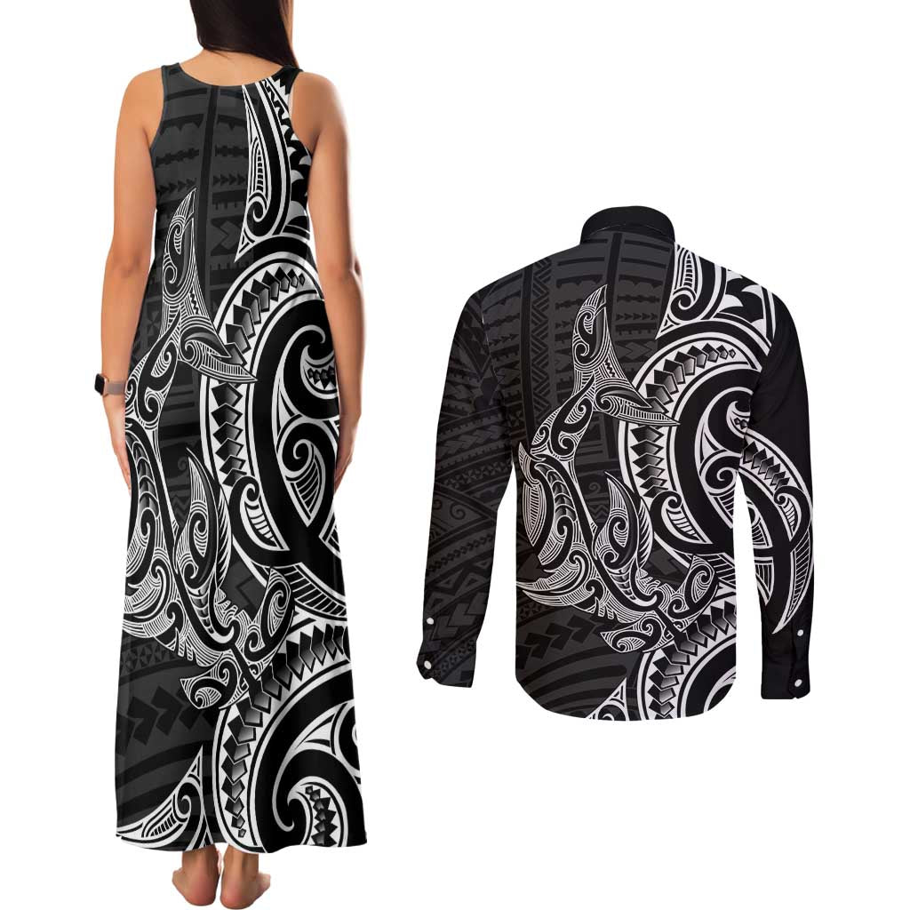 New Zealand Hammerhead Shark Couples Matching Tank Maxi Dress and Long Sleeve Button Shirt Maori Haehae Mangopare Black - Aussie Hoodie