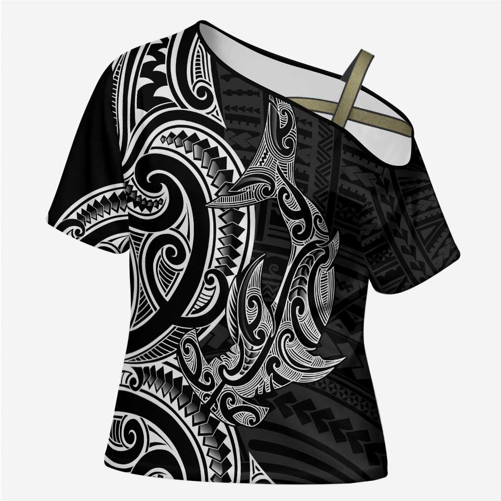 New Zealand Hammerhead Shark Cross Shoulder Shirt Maori Haehae Mangopare Black - Aussie Hoodie