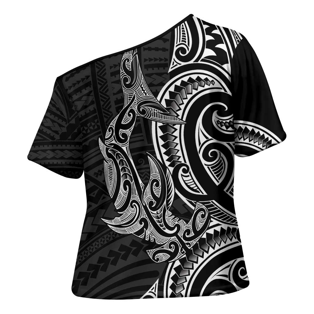 New Zealand Hammerhead Shark Cross Shoulder Shirt Maori Haehae Mangopare Black - Aussie Hoodie