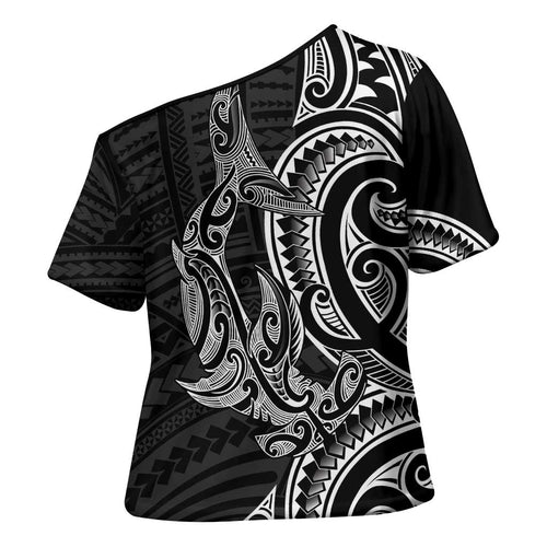 New Zealand Hammerhead Shark Cross Shoulder Shirt Maori Haehae Mangopare Black - Aussie Hoodie