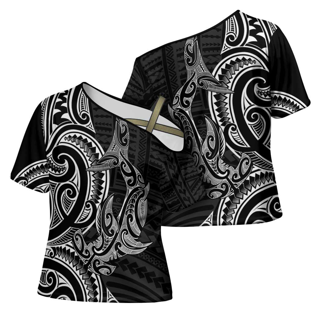 New Zealand Hammerhead Shark Cross Shoulder Shirt Maori Haehae Mangopare Black - Aussie Hoodie