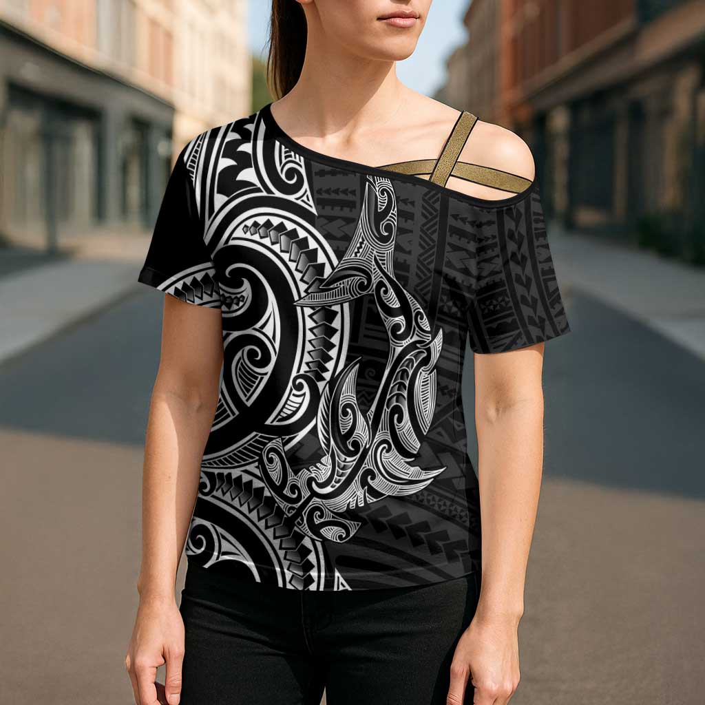 New Zealand Hammerhead Shark Cross Shoulder Shirt Maori Haehae Mangopare Black - Aussie Hoodie