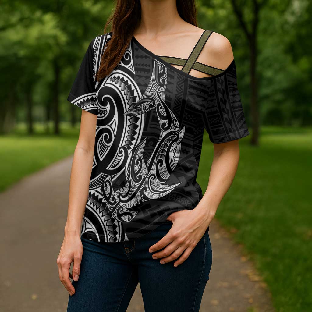 New Zealand Hammerhead Shark Cross Shoulder Shirt Maori Haehae Mangopare Black - Aussie Hoodie