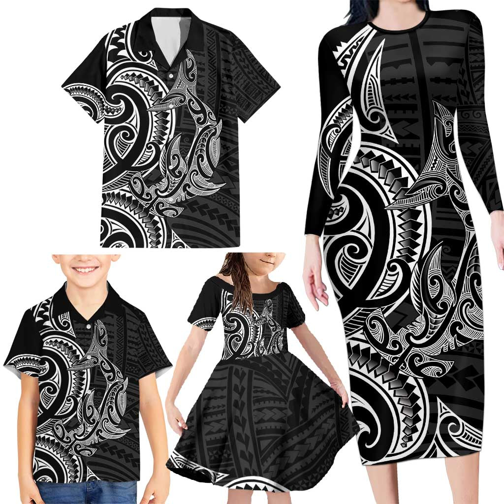 New Zealand Hammerhead Shark Family Matching Long Sleeve Bodycon Dress and Hawaiian Shirt Maori Haehae Mangopare Black - Aussie Hoodie
