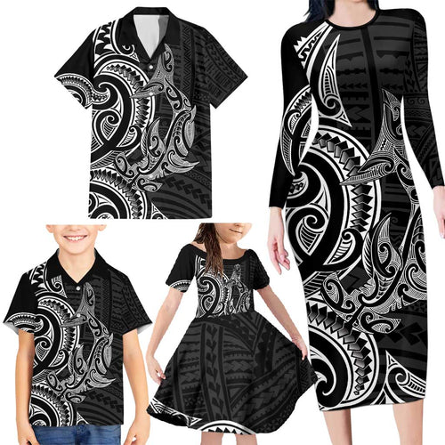 New Zealand Hammerhead Shark Family Matching Long Sleeve Bodycon Dress and Hawaiian Shirt Maori Haehae Mangopare Black - Aussie Hoodie