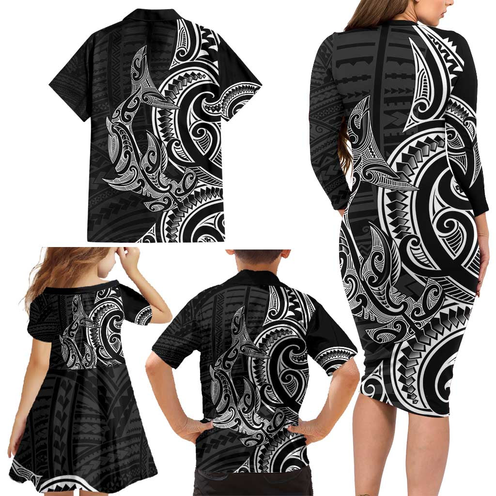 New Zealand Hammerhead Shark Family Matching Long Sleeve Bodycon Dress and Hawaiian Shirt Maori Haehae Mangopare Black - Aussie Hoodie