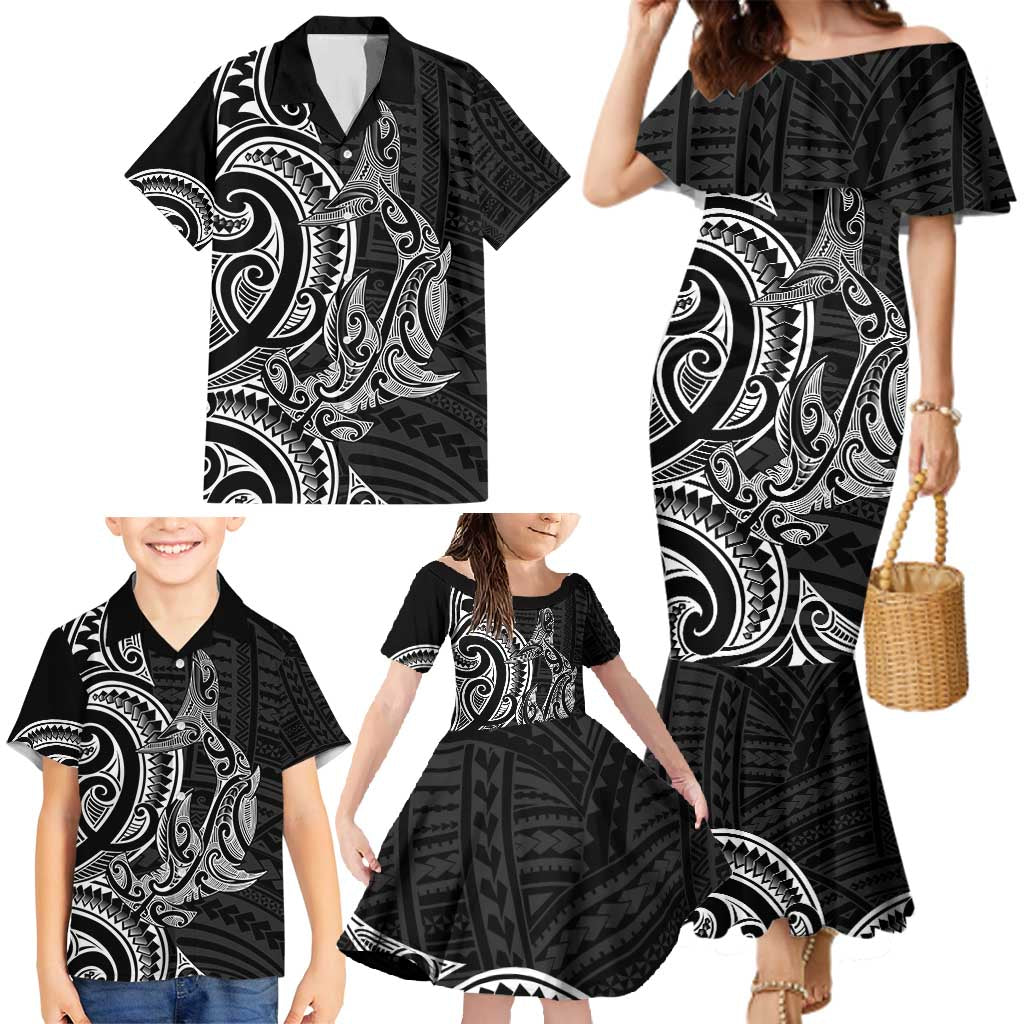 New Zealand Hammerhead Shark Family Matching Mermaid Dress and Hawaiian Shirt Maori Haehae Mangopare Black - Aussie Hoodie