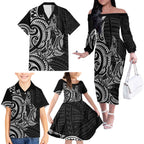 New Zealand Hammerhead Shark Family Matching Off The Shoulder Long Sleeve Dress and Hawaiian Shirt Maori Haehae Mangopare Black - Aussie Hoodie