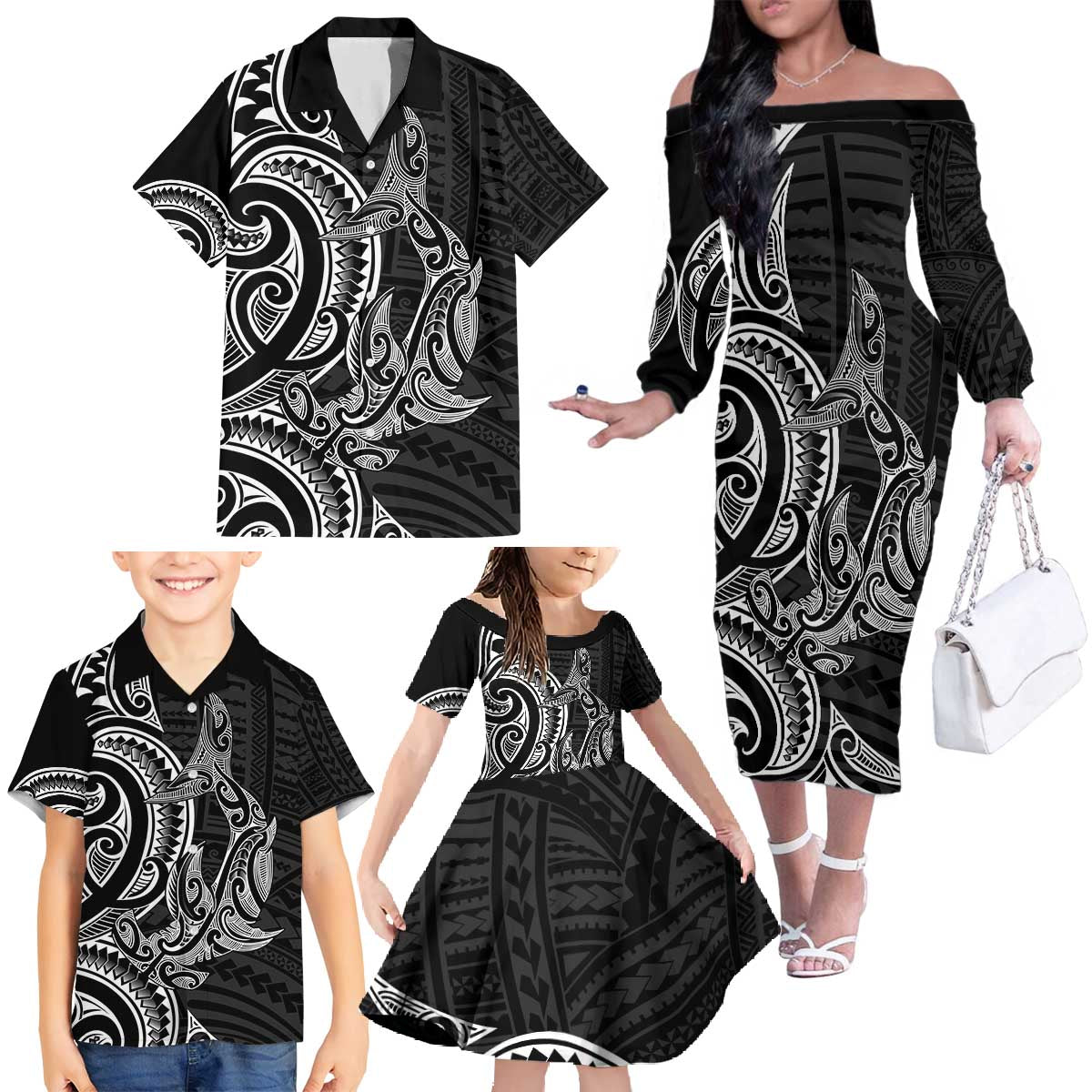 New Zealand Hammerhead Shark Family Matching Off The Shoulder Long Sleeve Dress and Hawaiian Shirt Maori Haehae Mangopare Black - Aussie Hoodie