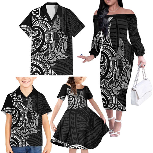 New Zealand Hammerhead Shark Family Matching Off The Shoulder Long Sleeve Dress and Hawaiian Shirt Maori Haehae Mangopare Black - Aussie Hoodie