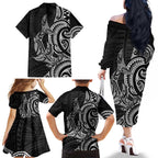 New Zealand Hammerhead Shark Family Matching Off The Shoulder Long Sleeve Dress and Hawaiian Shirt Maori Haehae Mangopare Black - Aussie Hoodie