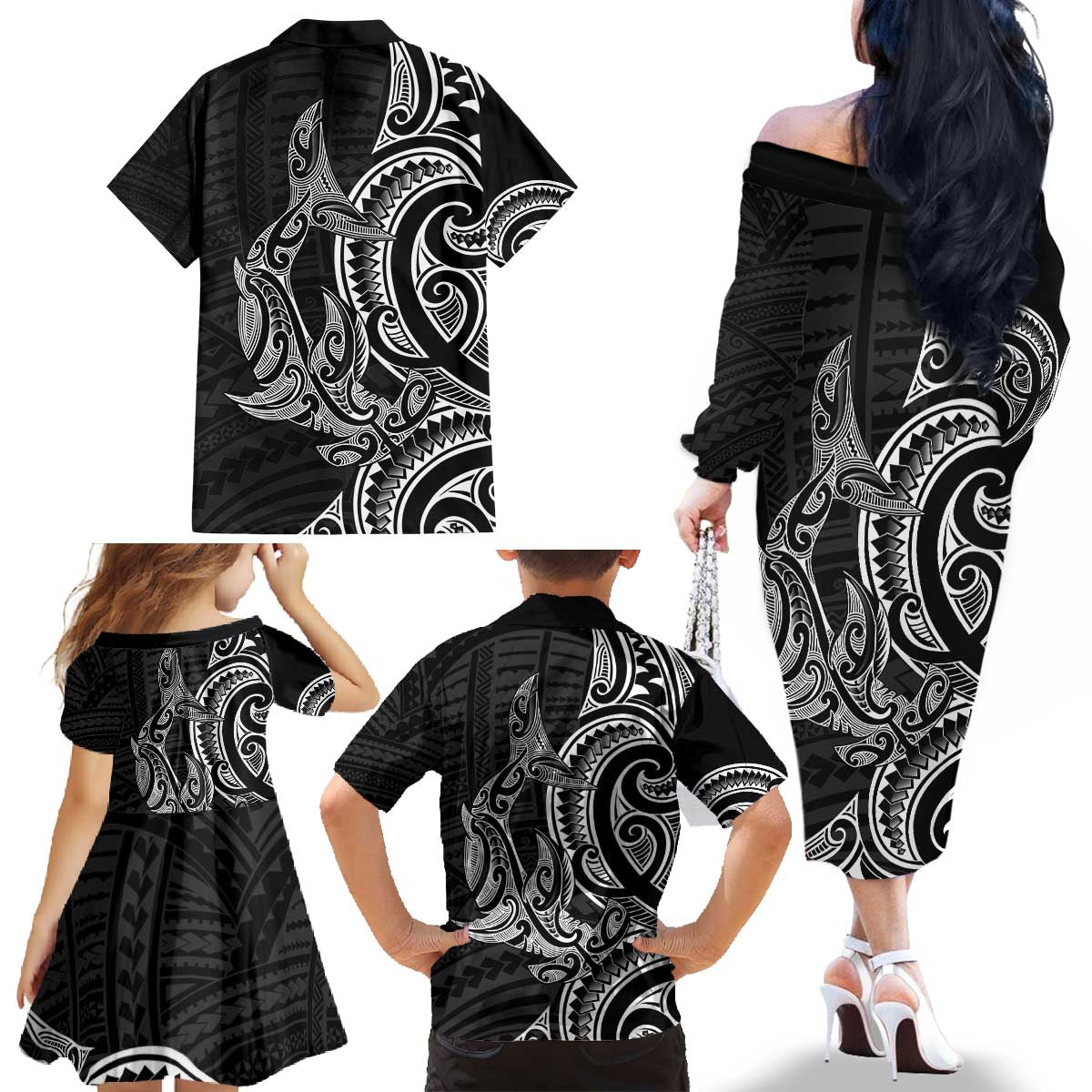 New Zealand Hammerhead Shark Family Matching Off The Shoulder Long Sleeve Dress and Hawaiian Shirt Maori Haehae Mangopare Black - Aussie Hoodie