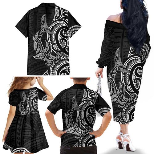 New Zealand Hammerhead Shark Family Matching Off The Shoulder Long Sleeve Dress and Hawaiian Shirt Maori Haehae Mangopare Black - Aussie Hoodie