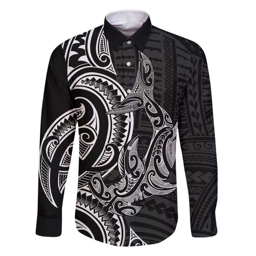 New Zealand Hammerhead Shark Family Matching Off The Shoulder Long Sleeve Dress and Hawaiian Shirt Maori Haehae Mangopare Black - Aussie Hoodie
