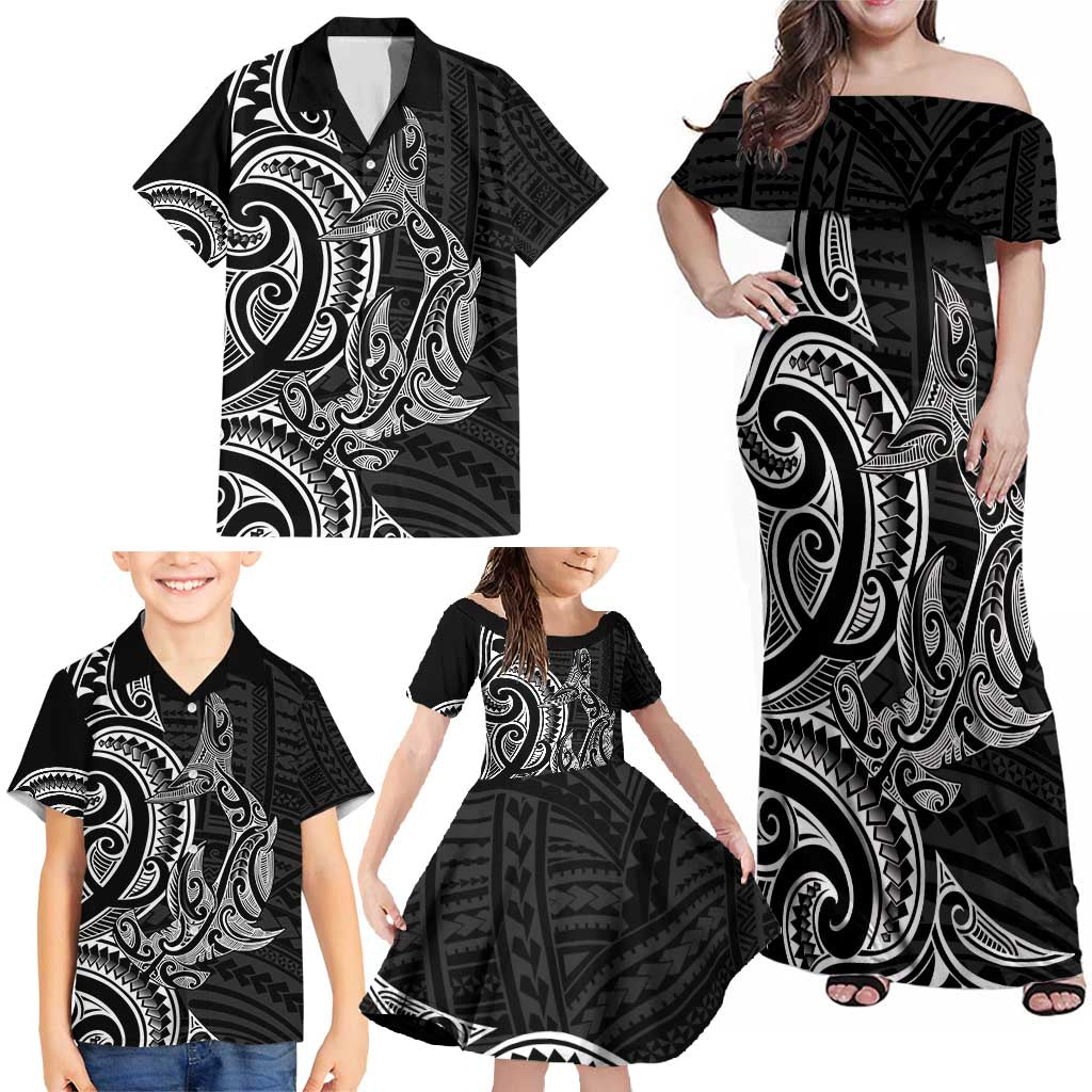 New Zealand Hammerhead Shark Family Matching Off Shoulder Maxi Dress and Hawaiian Shirt Maori Haehae Mangopare Black - Aussie Hoodie