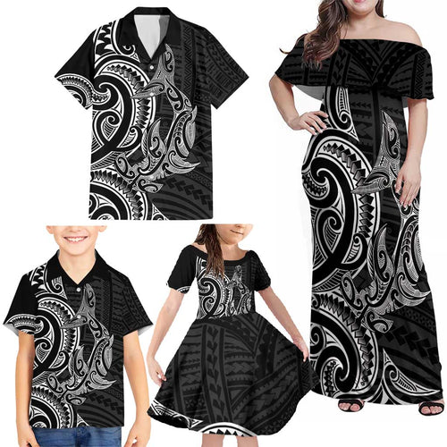 New Zealand Hammerhead Shark Family Matching Off Shoulder Maxi Dress and Hawaiian Shirt Maori Haehae Mangopare Black - Aussie Hoodie