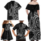 New Zealand Hammerhead Shark Family Matching Off Shoulder Maxi Dress and Hawaiian Shirt Maori Haehae Mangopare Black - Aussie Hoodie