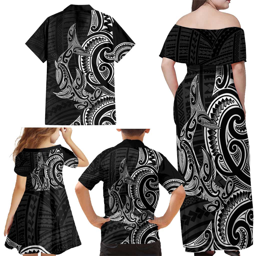 New Zealand Hammerhead Shark Family Matching Off Shoulder Maxi Dress and Hawaiian Shirt Maori Haehae Mangopare Black - Aussie Hoodie