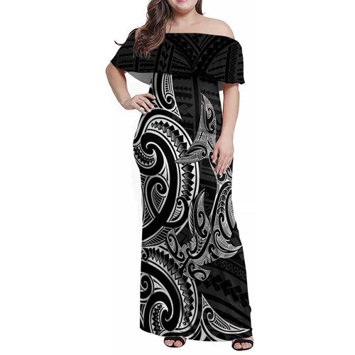 New Zealand Hammerhead Shark Family Matching Off Shoulder Maxi Dress and Hawaiian Shirt Maori Haehae Mangopare Black - Aussie Hoodie