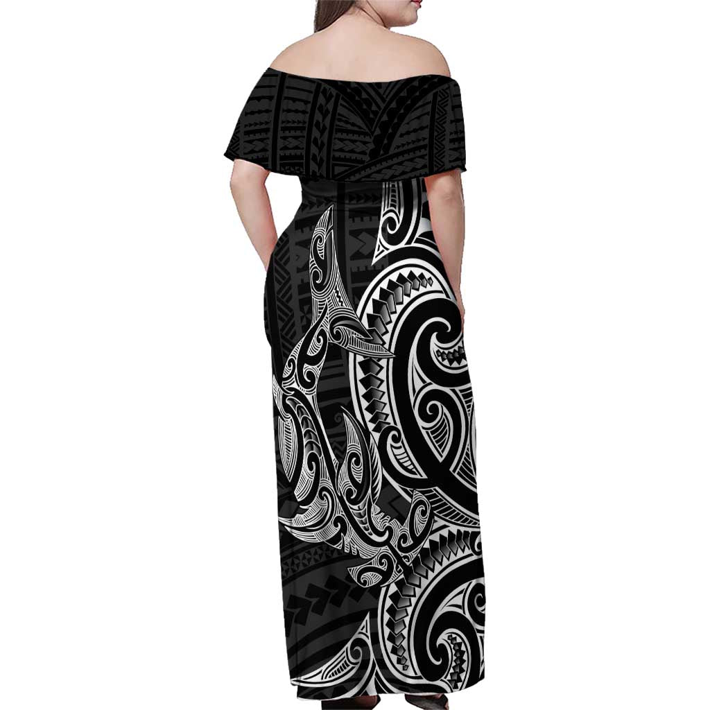 New Zealand Hammerhead Shark Family Matching Off Shoulder Maxi Dress and Hawaiian Shirt Maori Haehae Mangopare Black - Aussie Hoodie