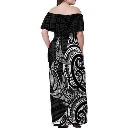 New Zealand Hammerhead Shark Family Matching Off Shoulder Maxi Dress and Hawaiian Shirt Maori Haehae Mangopare Black - Aussie Hoodie