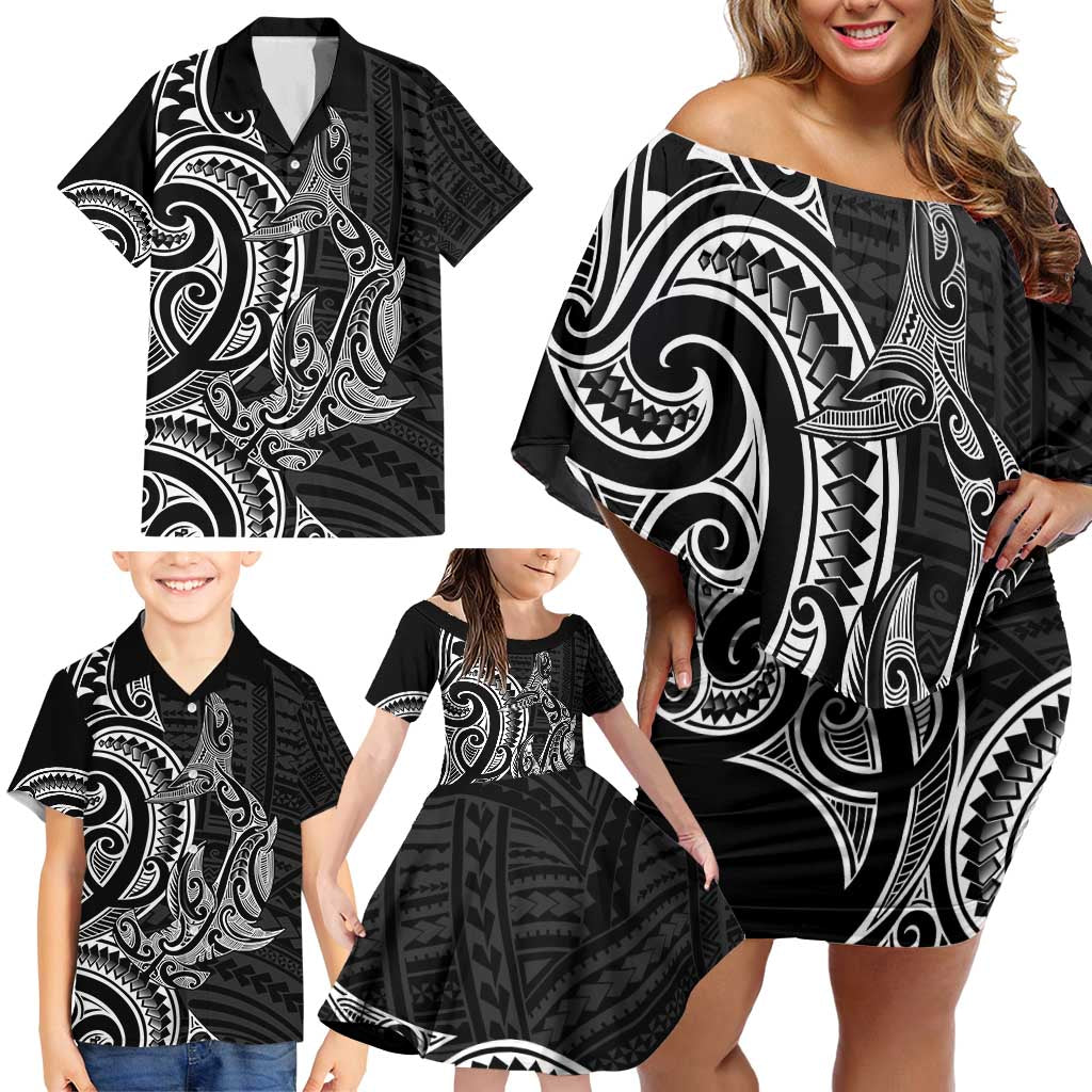 New Zealand Hammerhead Shark Family Matching Off Shoulder Short Dress and Hawaiian Shirt Maori Haehae Mangopare Black - Aussie Hoodie