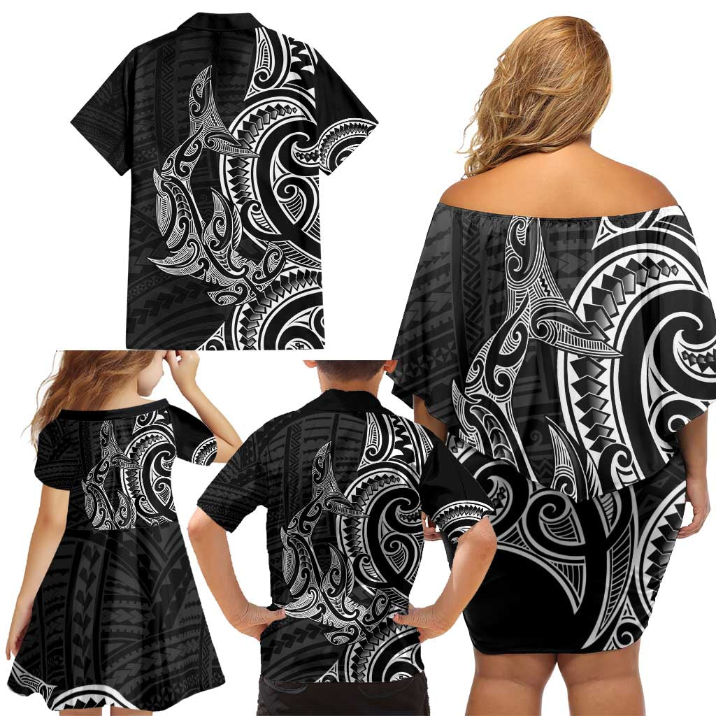 New Zealand Hammerhead Shark Family Matching Off Shoulder Short Dress and Hawaiian Shirt Maori Haehae Mangopare Black - Aussie Hoodie