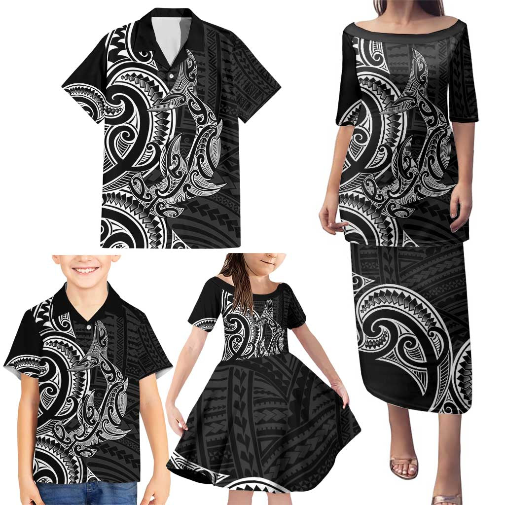 New Zealand Hammerhead Shark Family Matching Puletasi and Hawaiian Shirt Maori Haehae Mangopare Black - Aussie Hoodie