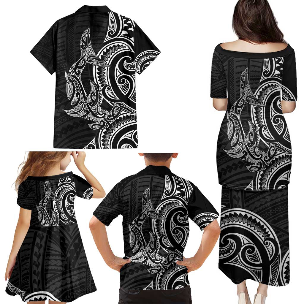 New Zealand Hammerhead Shark Family Matching Puletasi and Hawaiian Shirt Maori Haehae Mangopare Black - Aussie Hoodie